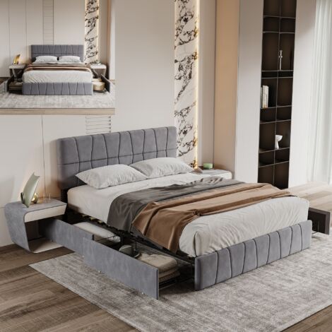 Lit 160x200 avec tiroirs, lit adulte 160x200, lit double, lit capitonné, sommier à lattes, design linéaire, velours gris