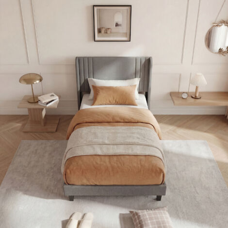 Lit 90x200, lit adulte 90x200, lit simple, lit rembourré, avec sommier à lattes inclus, structure robuste et montage facile, tissue en lin, Gris