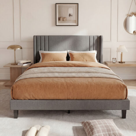 Lit 140x200, lit adulte 140x200, lit double, lit rembourré, avec sommier à lattes inclus, structure robuste et montage facile, tissue en lin, Gris