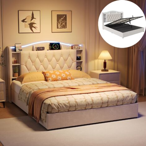 Lit coffre 140x200, lit 140x200, lit adulte, lit double capitonnée, sommier inclus, LED réglable, port de recharge USB, design moderne, tissu velours, beige