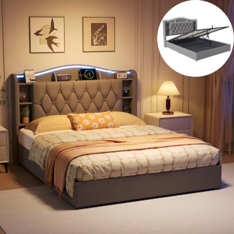 Lit coffre 160x200, lit 160x200, lit adulte, lit double capitonnée, sommier inclus, LED réglable, port de recharge USB, design moderne, tissu velours, gris