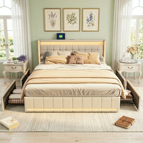 Lit 180x200 avec tiroirs,lit capitonné,lit double,lit adulte,avec LED réglable et chargement USB,sommier à lattes,tissu en lin,beige