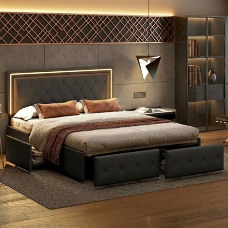 Lit 140x190 avec tiroirs,lit double capitonné,avec tête de lit réglable en hauteur, bande lumineuse LED orientable,sommier à lattes,tissu en PU,gris