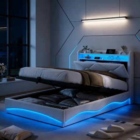 Lit coffre 90x200, lit adulte 90x200 , sommier à lattes inclus, lit capitonné, grande capacité de rangement, éclairage LED et ports USB, velours, blanc