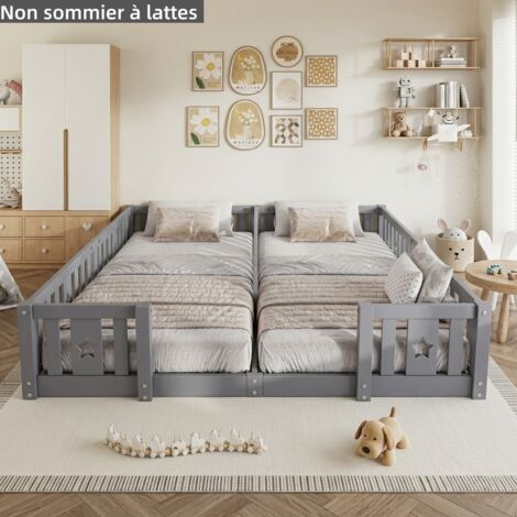 Lit enfant 90x200, lit 2 places, lit montessori, lit au sol, non sommier à lattes, avec barrière centrale et motifs lune/étoiles, pin massif, Gris