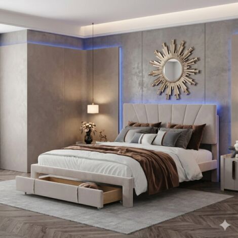 Lit 140x190 avec tiroirs,lit double capitonné,lit adulte,avec sommier à lattes,tissu en velours,lit 2 personnes,Beige