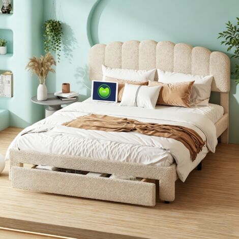 Lit 140x190 avec tiroirs,lit double capitonné,lit adulte,avec sommier à lattes,USB,tissu en velours,lit 2 personnes,Beige