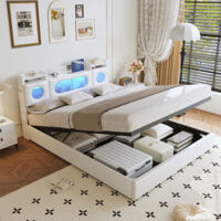 Lit coffre 140x190,lit double capitonné,lit adulte,avec sommier,LED réglable et chargement USB,tissu en PU,Blanc