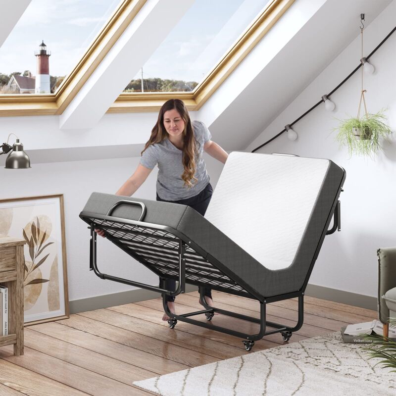 Lit Pliant avec Matelas de 15 Lattes 4 roulettes Lit Appoint avec Matelas en Mémoire 1 Personne Charge 120kg