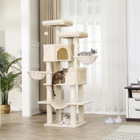 Arbre à Chat, Tour de Jeux Chats avec 5 Poteaux en Sisal, 2 Grandes Plate-Formes, 2 Niches, 2 Paniers, Hamac, Centre d’Activités Multiniveau en Peluche, Beige