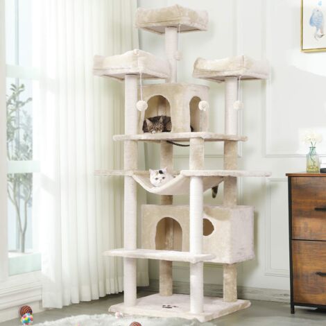 Grand arbre à chat, taille XXL, 175 cm, stable, avec 3 grandes plateformes d'observation, pour grands chats, griffoirs en sisal, beige