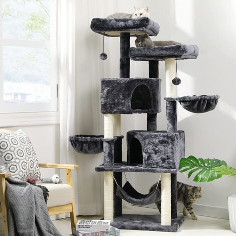 Msmask – Arbre à chat 153 cm pour grands chats – 2 grottes douillettes – troncs en sisal naturel – base 60 x 45 cm – 2 plateformes d'observation