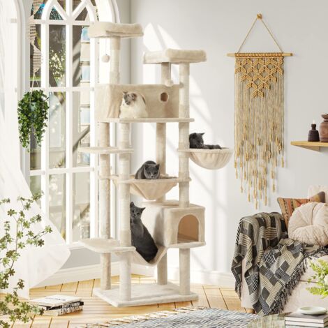 Msmask – Arbre à chat XXL 193 cm – 2 niches, 2 plateformes, hamac – Panneau de particules, sisal, bois – Convient à tous les chats
