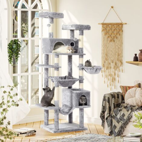 Msmask – Grand arbre à chat XXL 193 cm – 2 niches, 2 plateformes, hamac – Stable et robuste – Griffoirs en sisal – Pour grands chats