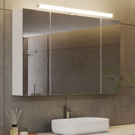 Armoire de Toilette avec éclairage LED et Prise, Miroir Mural Salle de Bain, Blanc, 90x60x16cm