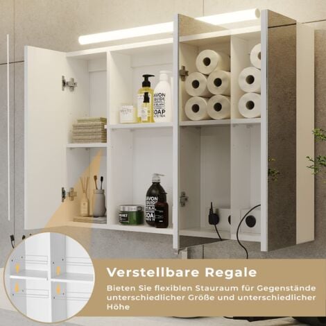Armoire de Toilette avec éclairage LED et Prise, Miroir Mural Salle de Bain, Blanc, 90x60x16cm
