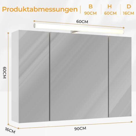 Armoire de Toilette avec éclairage LED et Prise, Miroir Mural Salle de Bain, Blanc, 90x60x16cm