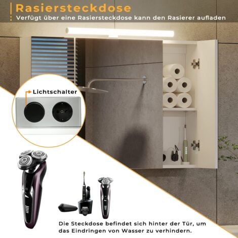 Armoire de Toilette avec éclairage LED et Prise, Miroir Mural Salle de Bain, Blanc, 90x60x16cm
