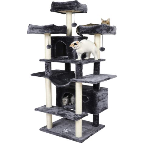 Msmask – Arbre à chat XXL 175 cm – 3 plateformes d'observation – Griffoirs en sisal – Montage au sol – Pour grandes races de chats – Gris foncé