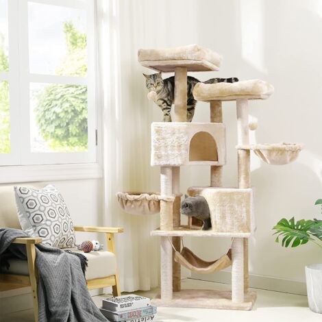 Msmask – Arbre à chat 153 cm avec 2 niches et 2 paniers ronds – Tronc en sisal naturel – Base renforcée pour stabilité – Beige