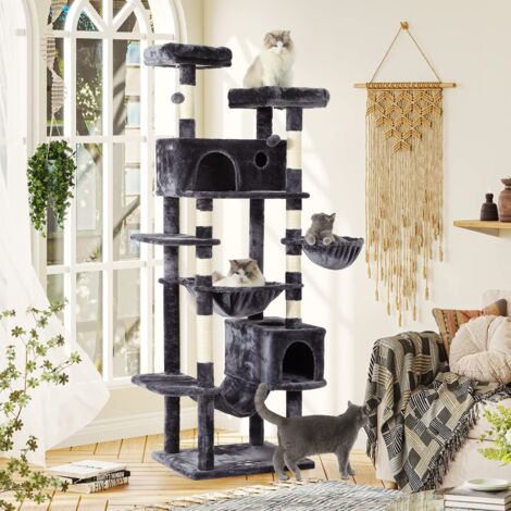 Grand Arbre à Chat, XXL de 193 cm de Haut, pour grands Chats Stable avec 2 niches, 2 Plateformes, hamac, Arbre à Chat à Plusieurs Niveaux, Gris Foncé