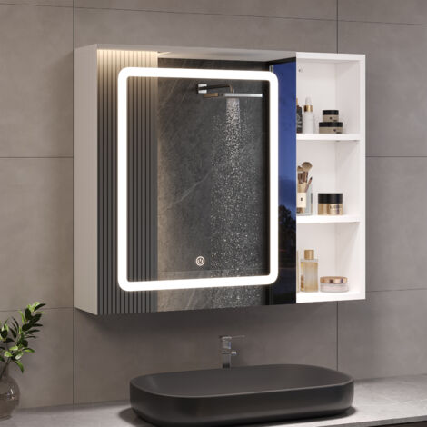 Armoire de toilette miroir avec éclairage LED orientable – Espace de rangement ouvert et caché – Montage mural – Acier inoxydable – 70x16x60 cm – Blanc