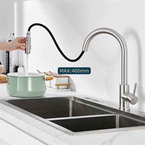 DETBOM Robinet de Cuisine avec Douchette Extractible Mitigeur Cuisine Bec Rotatif Mitigeur d'Évier en Acier Nickel Brossé