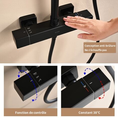 DETBOM Colonne de Douche Thermostatique Système de Douche Noir Ensemble Douche avec Mitigeur Thermostatique Hauteur Réglable  Pomme Pluie Carré