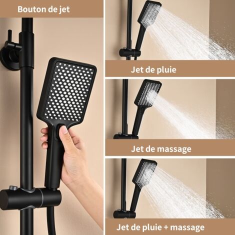 DETBOM Colonne de Douche Thermostatique Système de Douche Noir Ensemble Douche avec Mitigeur Thermostatique Hauteur Réglable  Pomme Pluie Carré