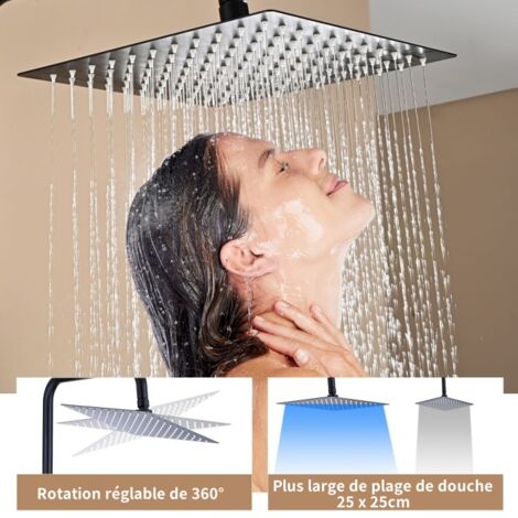 DETBOM Colonne de Douche Thermostatique Système de Douche Noir Ensemble Douche avec Mitigeur Thermostatique Hauteur Réglable  Pomme Pluie Carré