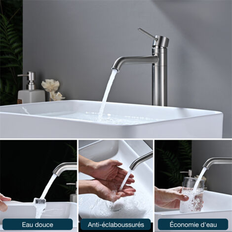 DETBOM Mitigeur de Lavabo Haut Robinet Salle de Bain pour Lavabo ou Vasque Robinet Lavabo Pivotant 360° en Acier Inox Brossé Classique