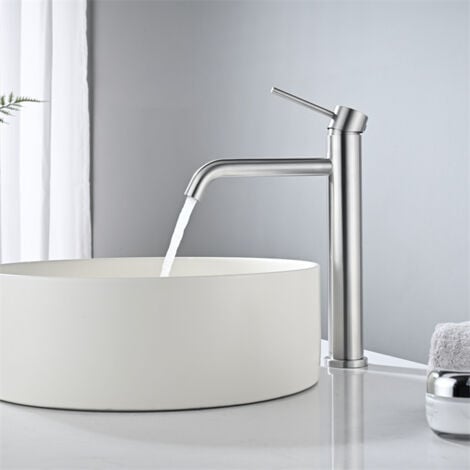 DETBOM Mitigeur de Lavabo Haut Robinet Salle de Bain pour Lavabo et Vasque Robinet Lavabo en Acier Inox Brossé Classique