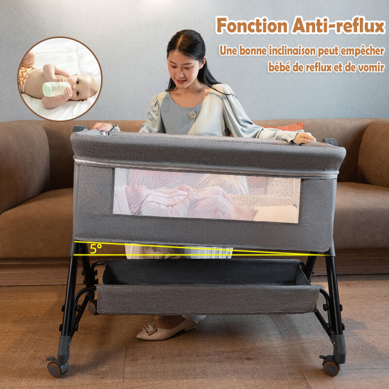 Berceau Bébé 3 En 1 HUOLE - Lit Cododo Portable | Hauteur Réglable, Roues, Gris