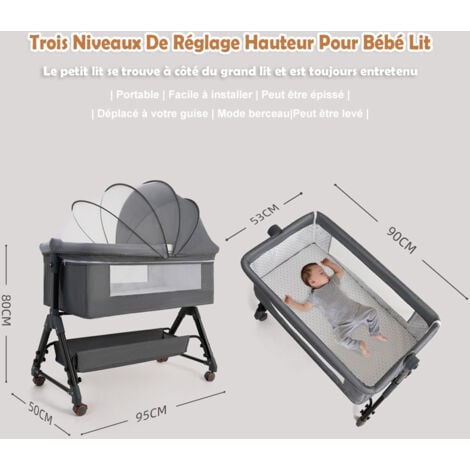 Lit Bébé Berceau Cododo pour Bébé 0-36 Mois, Lit Cododo avec Hauteur Réglable - Matelas Amovible, Panier de Rangement Roues - Gris