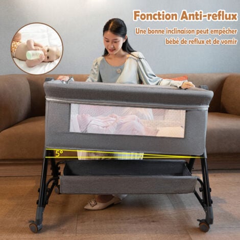 Lit Bébé Berceau Cododo pour Bébé 0-36 Mois, Lit Cododo avec Hauteur Réglable - Matelas Amovible, Panier de Rangement Roues - Gris