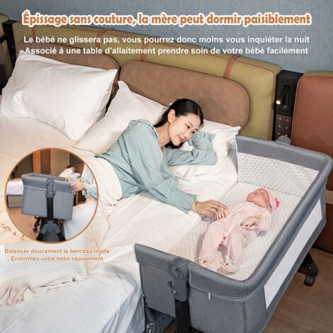 Lit Bébé Berceau Cododo pour Bébé 0-36 Mois, Lit Cododo avec Hauteur Réglable - Matelas Amovible, Panier de Rangement Roues - Gris