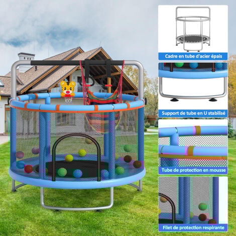 Trampoline multi-fonctions Ø150cm avec Panier de basket-ball, Main courante en anneau, Anneaux suspendus, Hamac, - Charge de 150Kg - Bleu