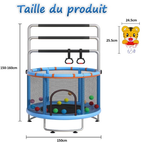 Trampoline multi-fonctions Ø150cm avec Panier de basket-ball, Main courante en anneau, Anneaux suspendus, Hamac, - Charge de 150Kg - Bleu