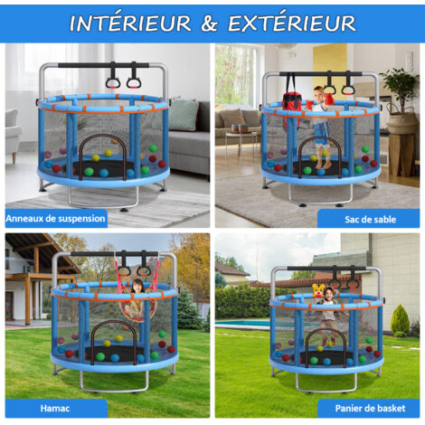 Trampoline multi-fonctions Ø150cm avec Panier de basket-ball, Main courante en anneau, Anneaux suspendus, Hamac, - Charge de 150Kg - Bleu