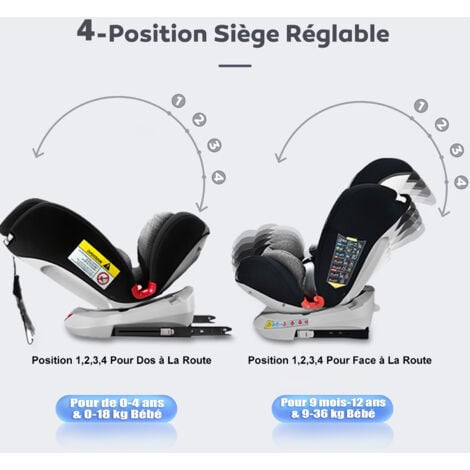 Siège Auto Pivotant 360° ISOFIX LATCH - 40-150 cm de 0 à 12 ans - Groupe 0+/1/2/3 (0-36kg) - Têtière réglable, Inclinable - Gris