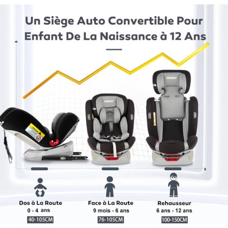 Siège Auto Pivotant 360° ISOFIX LATCH - 40-150 cm de 0 à 12 ans - Groupe 0+/1/2/3 (0-36kg) - Têtière réglable, Inclinable - Gris