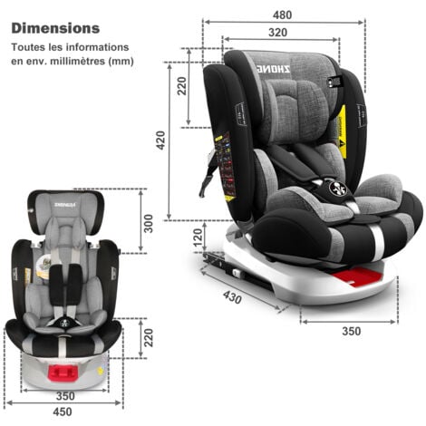 Siège Auto Pivotant 360° ISOFIX LATCH - 40-150 cm de 0 à 12 ans - Groupe 0+/1/2/3 (0-36kg) - Têtière réglable, Inclinable - Gris