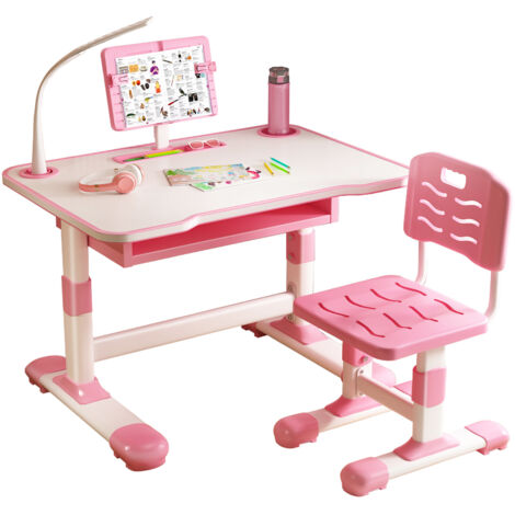 Kinderschreibtisch- und Stuhlset, höhenverstellbar, mit kippbarem Leseständer und LED-Schreibtischlampe, 73 × 70 × 46 cm (Rosa).