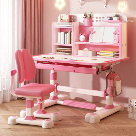 Kinder-Lerntisch- und Stuhlset, anhebbar, verstellbar, richtige Sitzhaltung, rosa.