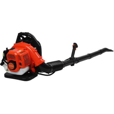 Benzinbetriebener Laubbläser, Zweitakt-Rückenbläser, 52 cm³, 6800 U/min, 550 CFM, 175 × 45 × 40 cm, orange.