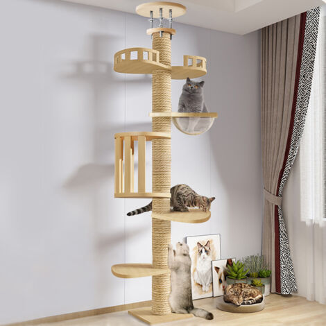 Katzenbaum, stabiler Katzenbaum, Tragkraft 15 kg, aus dickem Sisal, Katzenspielbereich, höhenverstellbar von 295 bis 315 cm, beige.