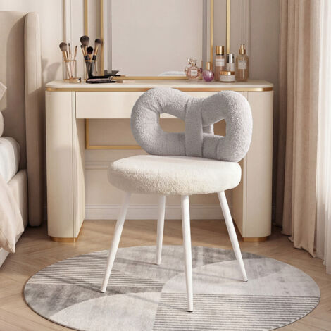 FLASIDU – Grauer Hocker aus Kunstwolle – Schminktischstuhl – Maße: 43 × 35 × 73 cm – Sitzkissen aus Schaumstoff – Gebogene Rückenlehne – Holzbeine