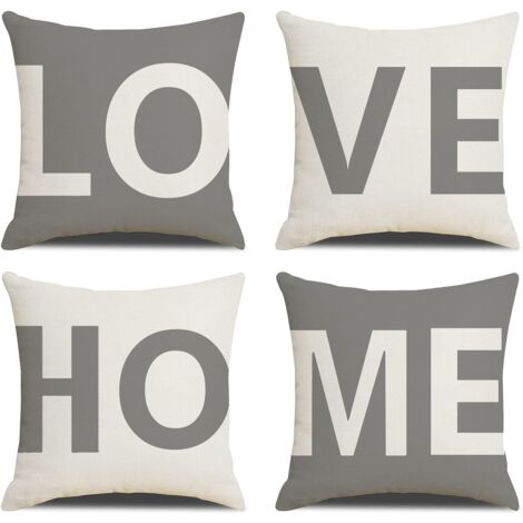 Kissenbezug-Set mit 4 Kissenbezügen, 45 x 45 cm, Love Home, Baumwolle und Leinen, dekorativer Kissenbezug für Bett, Auto, Zuhause, Wohnzimmer, Schlafzimmer, für Sofa, Schlafzimmer, Garten (1/5)