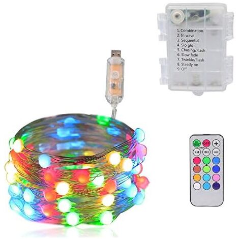 USB-LED-Lichterkette, 5 m, 50 LEDs, 12 Farben, mit Fernbedienung mit Batteriekasten, 12 Beleuchtungsmodi, Dekoration, mehrfarbige Lichterkette für Weihnachten, Innenbereich, Festival, Terrasse, Vorhan (1/5)