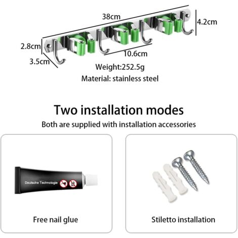 Bosszi Mopp- & Besenhalter – 4 Positionen, Edelstahl, Wandmontage, Für Reinigungswerkzeuge